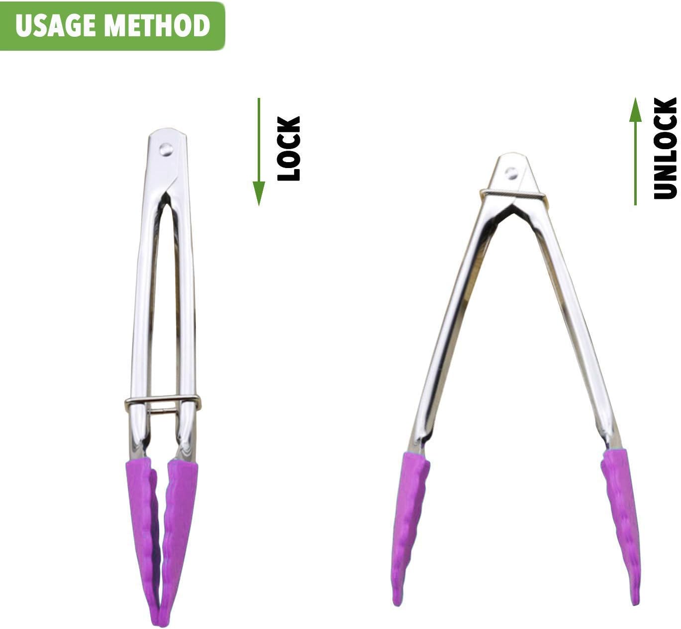 7-Inch Stainless Steel Tongs with Silicone Tips Locking Metal Food Tongs, Set of 3 (Purple)