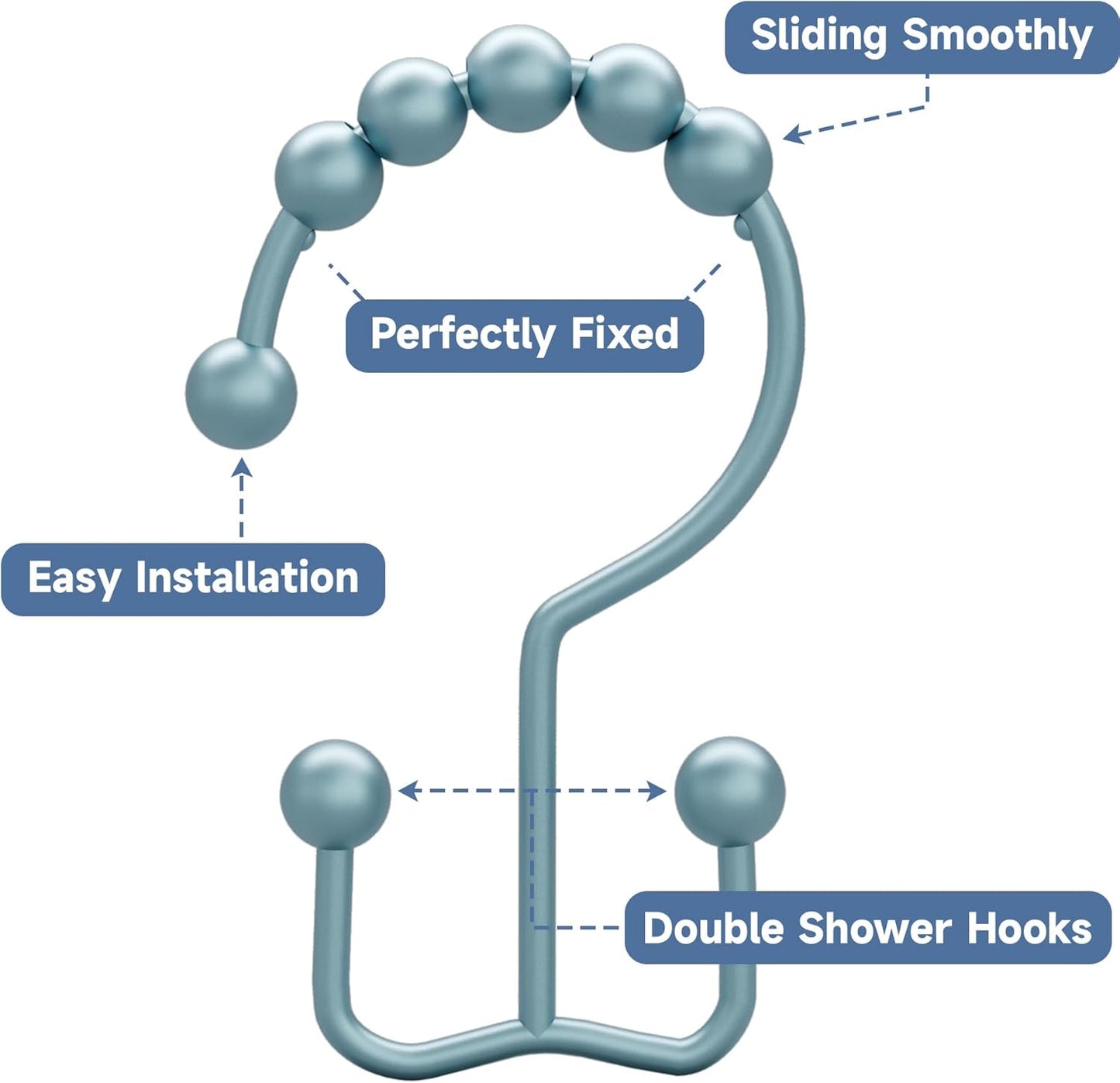 Titanker Shower Curtain Hooks Rings, Rust-Resistant Metal Double Glide Shower Hooks for Bathroom Shower Rods Curtains, Set of 12 Hooks - Lightcyan