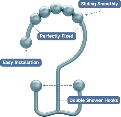 Titanker Shower Curtain Hooks Rings, Rust-Resistant Metal Double Glide Shower Hooks for Bathroom Shower Rods Curtains, Set of 12 Hooks - Lightcyan