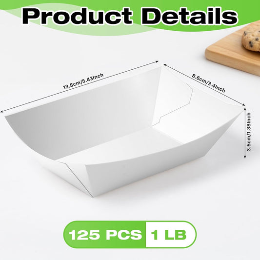125 Pack Paper Food Trays, 1 LB White Food Boats, Disposable Kraft Paper Nacho Trays, Heavy Duty Serving Tray Boat, Disposable Serving Boats for Nachos Fries Tacos, Grease Resistant