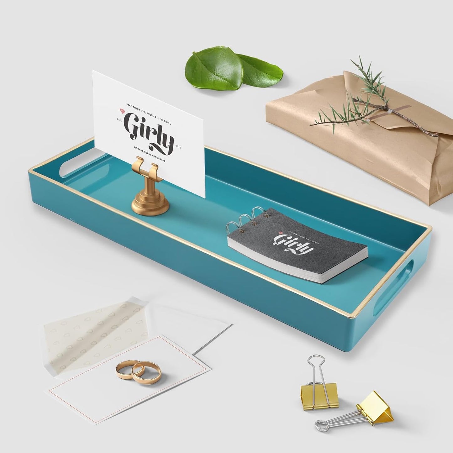 Teal Blue Vanity Tray with Handles, Decorative Tray Desktop Storage Organizer for Bathroom, Living Room, 5.9"*13.7"