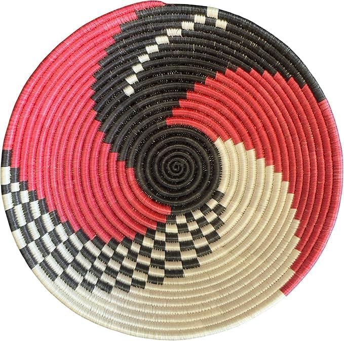 Handwoven African Basket Handmade sisal Fruit Bowl Wall Hanging decorative Baskets for Home Living Room Kitchen Centerpiece Zen Designs Arts and Crafts (Swirl Black Red, 10in diameter)