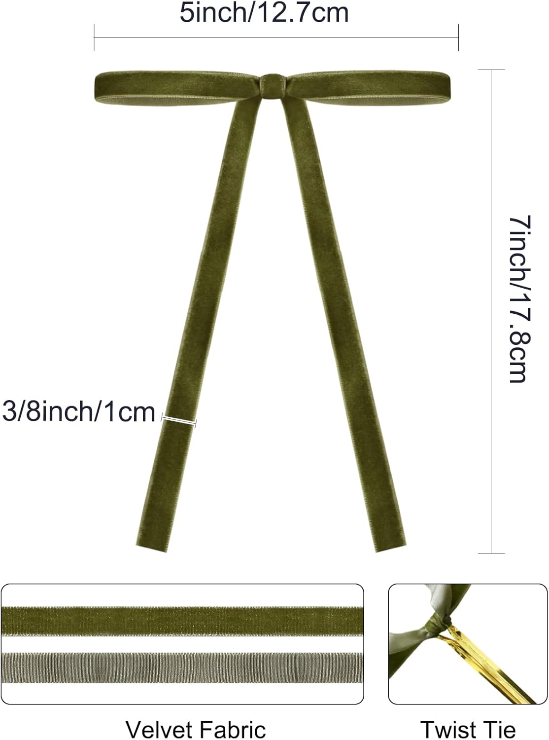 SIMISI RIBBON 24Pcs Olive Green Christmas Velvet Ribbon Bows Decorations Xmas Ornaments Vintage Decor for Tree, Wreath, Garland (3/8'' Width, 5 * 7 inch)