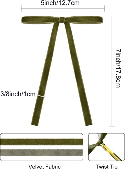 SIMISI RIBBON 24Pcs Olive Green Christmas Velvet Ribbon Bows Decorations Xmas Ornaments Vintage Decor for Tree, Wreath, Garland (3/8'' Width, 5 * 7 inch)