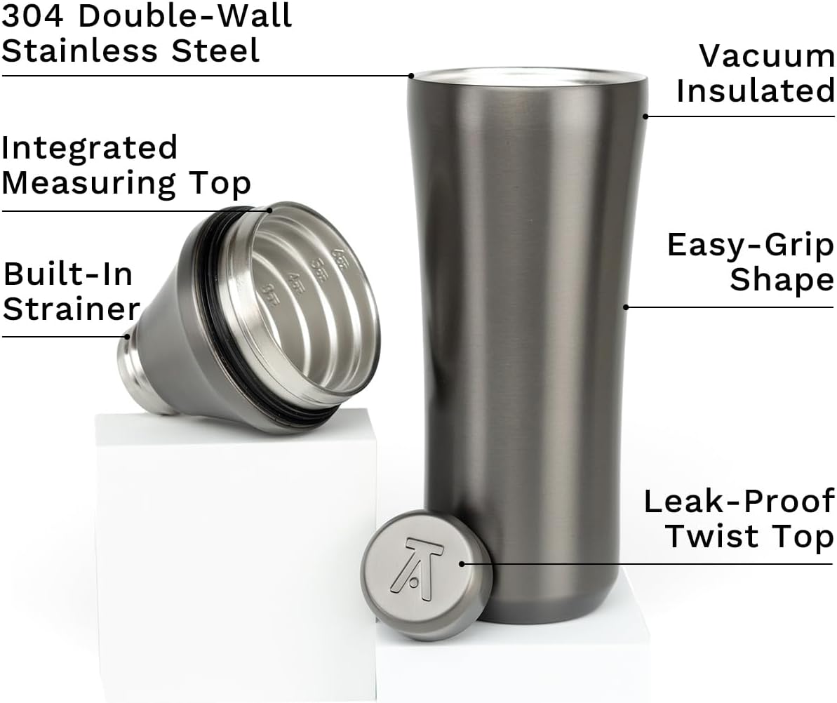 Elevated Craft Hybrid Cocktail Shaker - Premium Vacuum Insulated Stainless Steel Gunmetal Cocktail Shaker - Innovative Measuring System - Martini Shaker for the Home Bartender - 28oz Total Volume