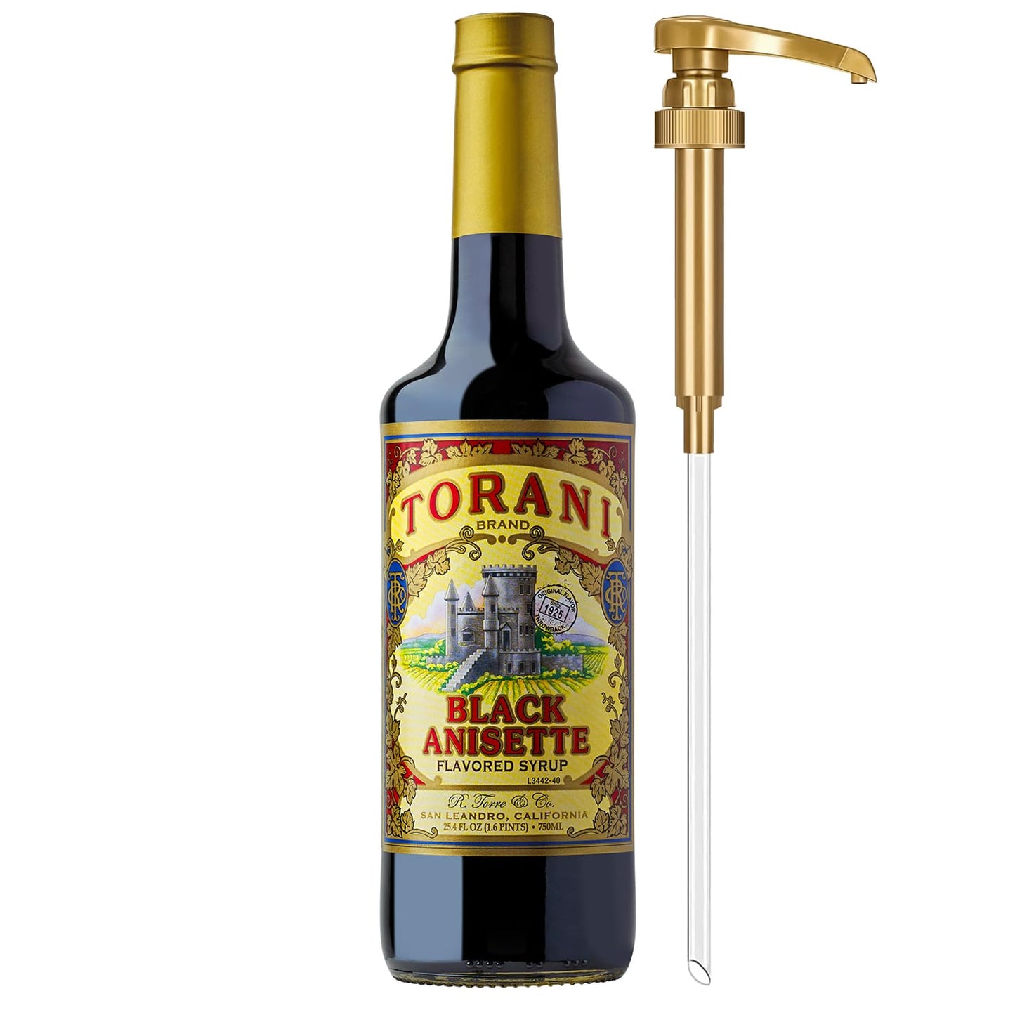 Torani Black Anisette Syrup, 100th Anniversary Flavor for Drinks, Glass Bottle with Pump Included, 25.4 Fl Oz