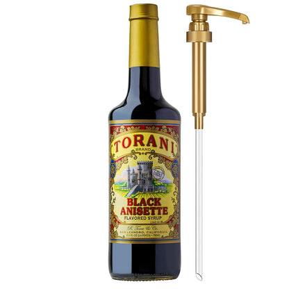 Torani Black Anisette Syrup, 100th Anniversary Flavor for Drinks, Glass Bottle with Pump Included, 25.4 Fl Oz
