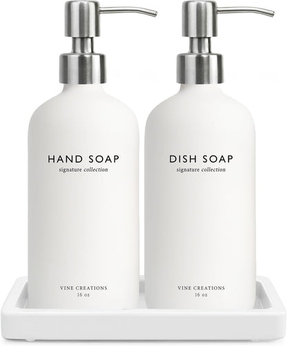 Vine Creations Glass Soap Dispenser Set, Kitchen Soap Dispenser Set with Ceramic Tray, 16 oz Dish Soap and Hand Soap Dispensers with Stainless Steel Pump Decor (White Bottle/Silver)