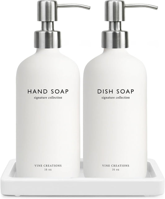 Vine Creations Glass Soap Dispenser Set, Kitchen Soap Dispenser Set with Ceramic Tray, 16 oz Dish Soap and Hand Soap Dispensers with Stainless Steel Pump Decor (White Bottle/Silver)