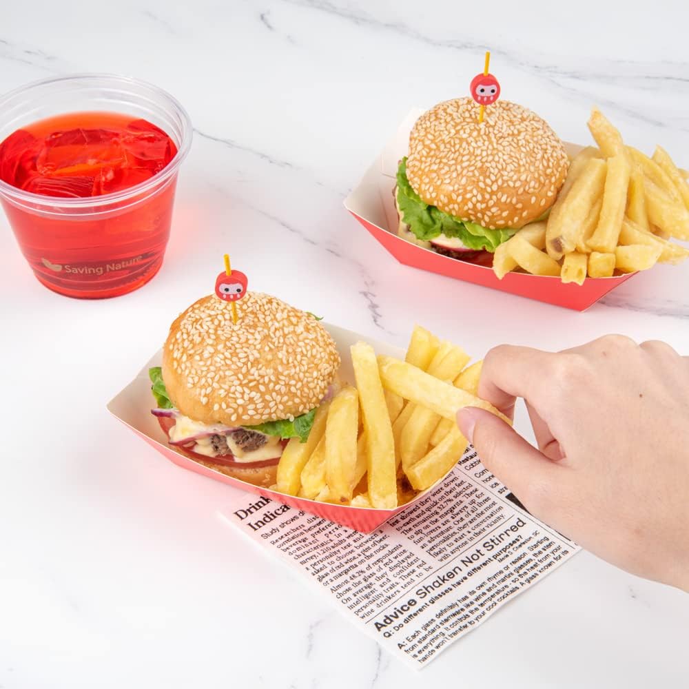 Restaurantware Bio Tek 6 Ounce Boat Paper Boats 50 Disposable #40 Food Trays - PE Lining Durable Red Paper Food Baskets For Concession Stands Picnics or Fairs Stackable