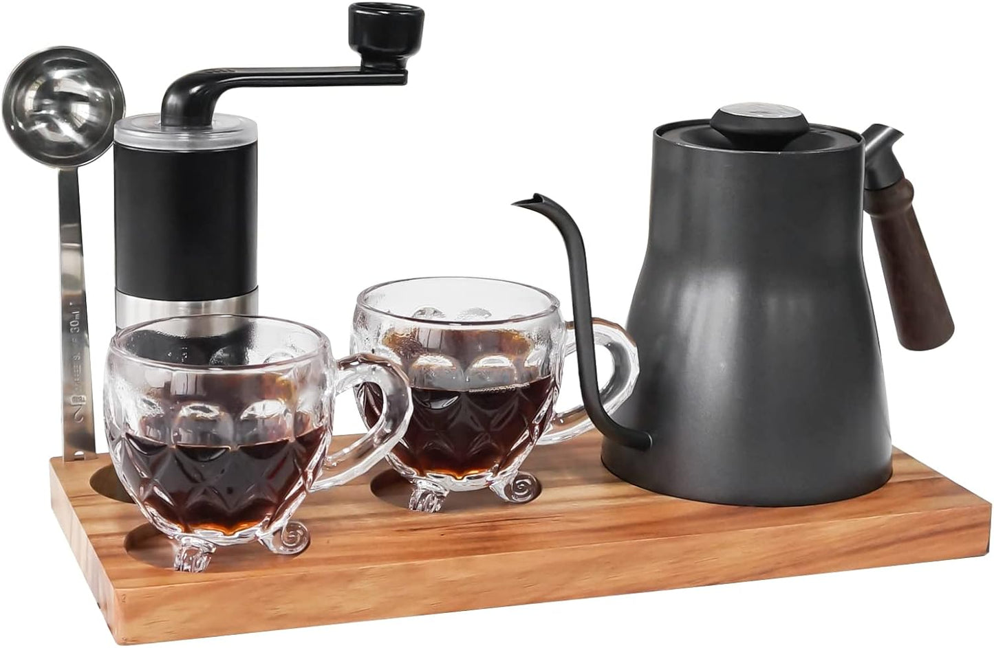 SOTECH Portable Coffee Maker Set Tea Set And Tray; Manual Grinder; Stainless Steel Scoop & 2 Glass Cups and Wooden Tray