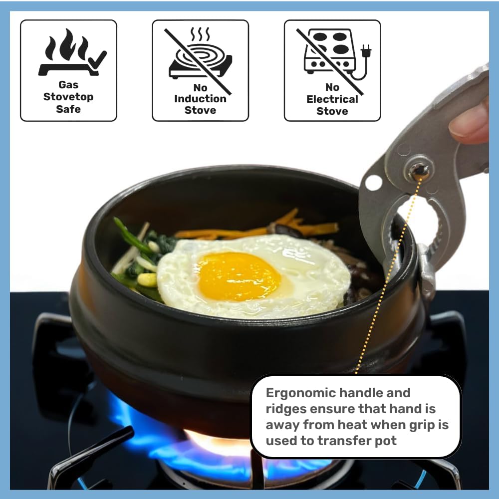 Korean Stone Pot Set (7-piece, 38.7oz with Hot Pot Grip), Ttukbaegi, Dolsot, Korean Soup Bowl, Ceramic Pots for Cooking, Soup Pot, Earthenware Claypot, Bibimbap, Ramen