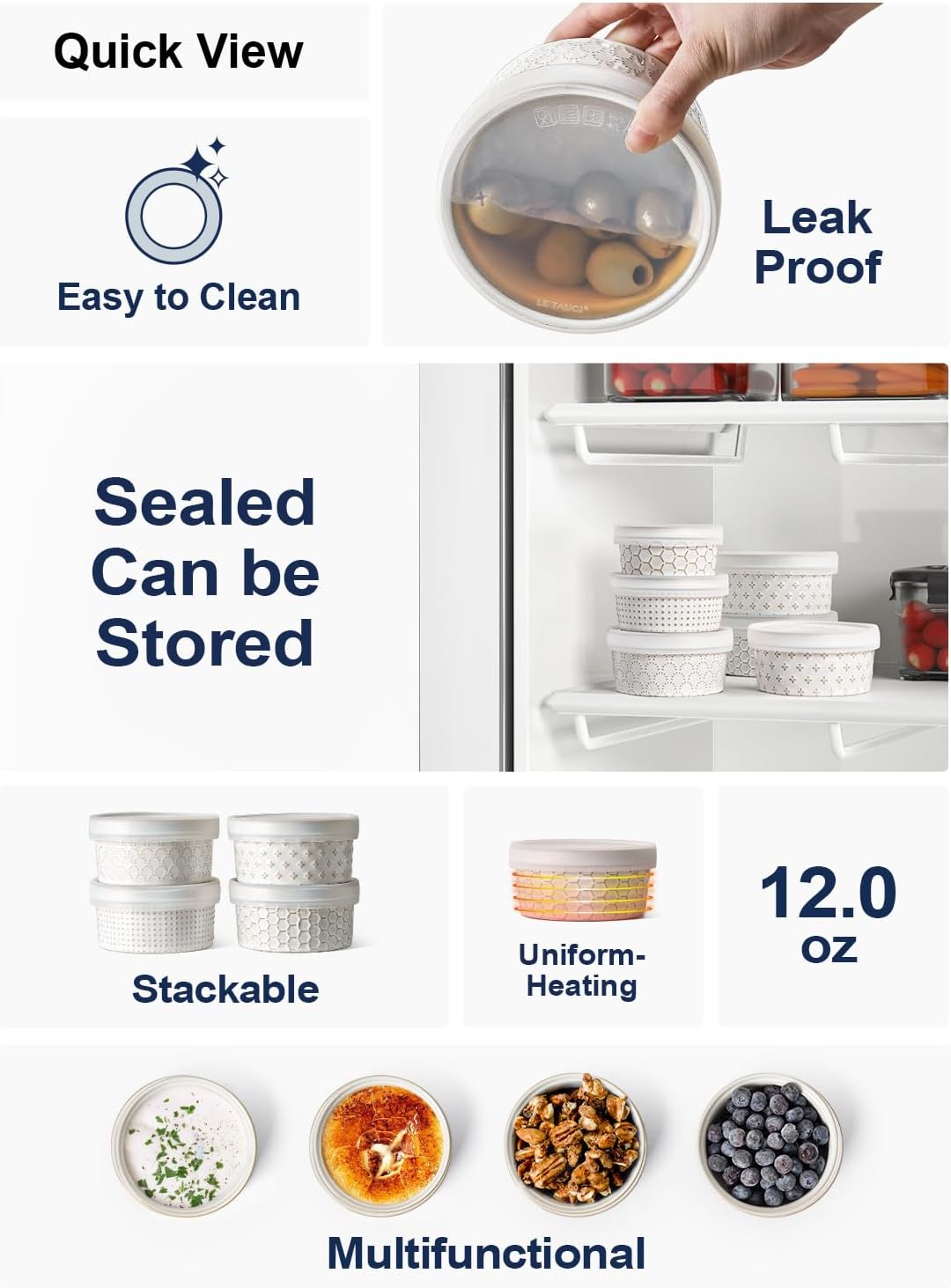 LE TAUCI Ramekins Oven Safe with Lids, 12 oz Ramikin Set for Creme Brulee, Souffle, Dipping Sauce, Onion Soup, Ceramic Food Storage Container - 5 inch, Set of 4, Arctic White