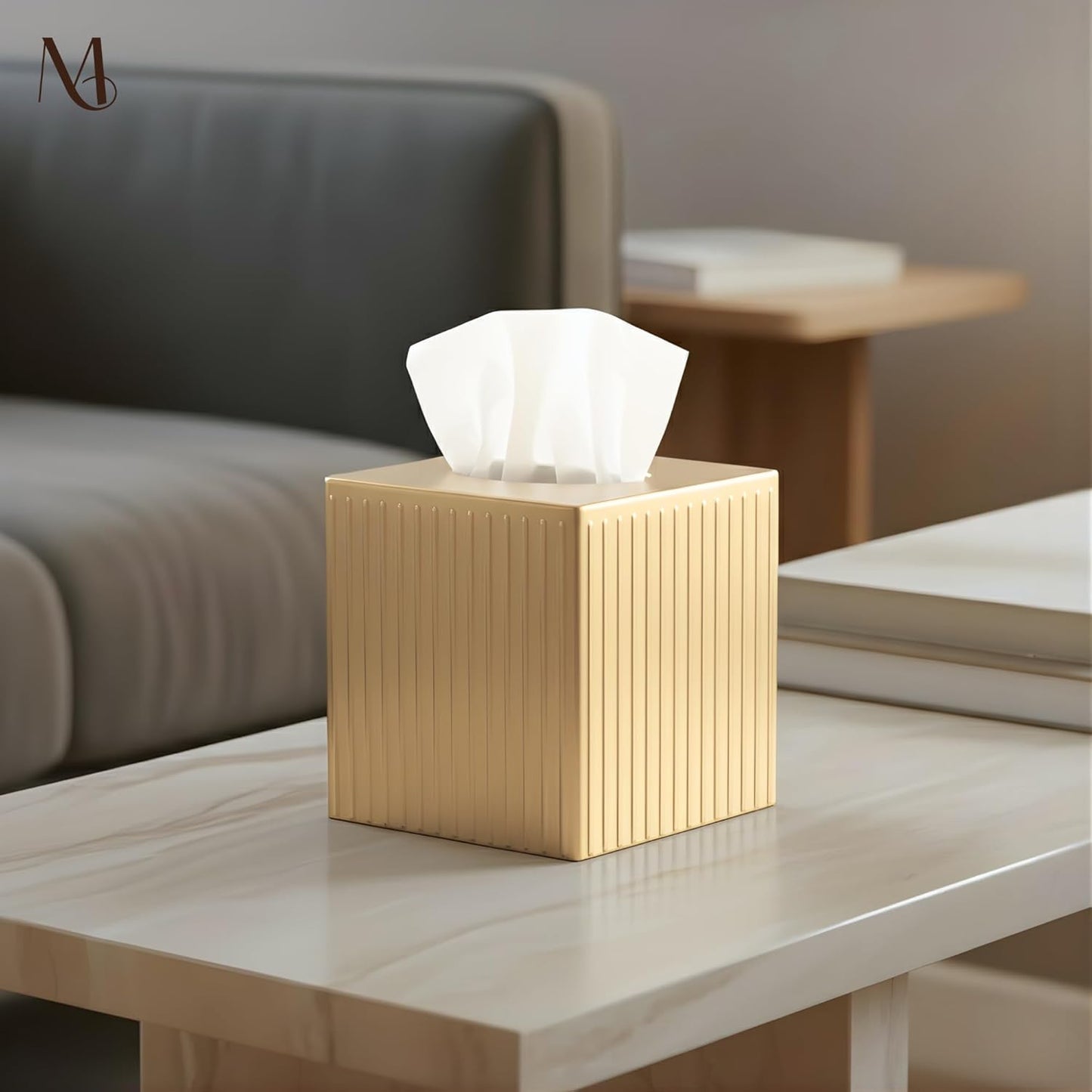 Monarch Abode Tissue Box Cover Square – Handcrafted Ridge Embossed Brushed Gold Metal Tissue Holder Box for Bathroom Accessory, Aesthetic Decorative Facial Napkin Cube for Modern Home Decor