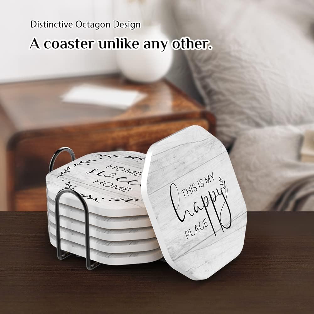 UMIRRO Rustic Farmhouse Coasters for Wooden Table, Modern Ceramic Coasters with Holder for Coffee Table Decor, Housewarming Gifts for New House/Home, Assorted Design, White, 4", 6 Pack