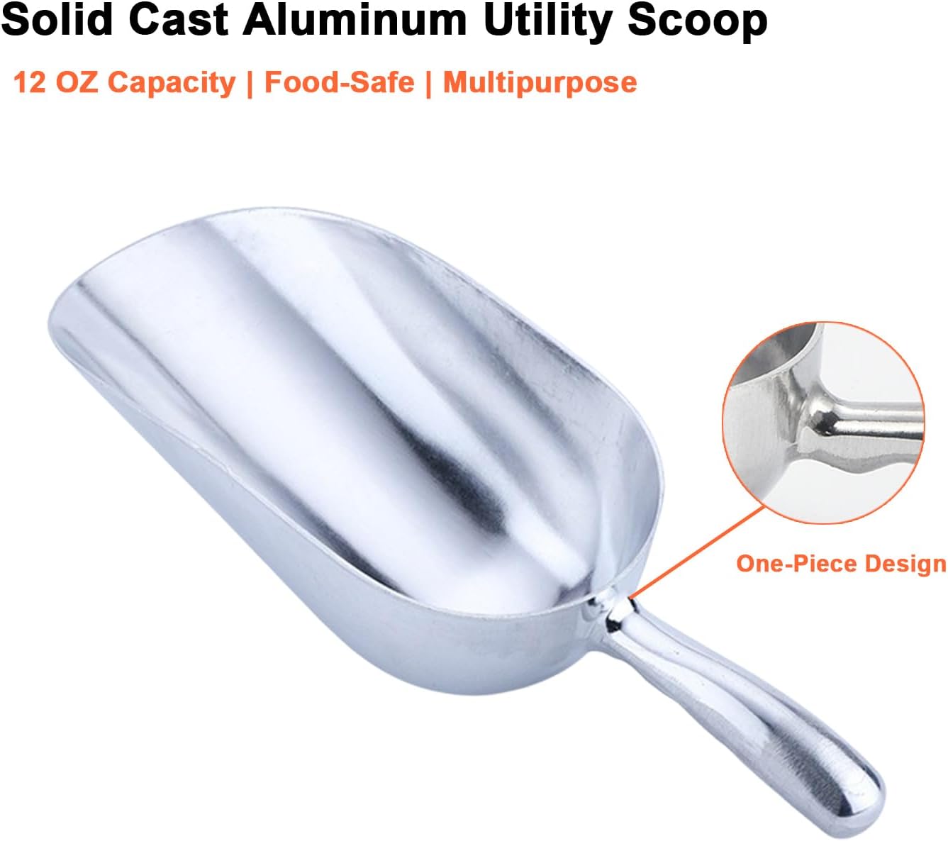 12 OZ Cast Aluminum Utility Scoop, One-Piece Solid Ice Scoop for Ice Bucket, Bar, Kitchen, Multipurpose Food Scooper for Flour, Sugar, Popcorn, Dog Food (Silver) (12OZ)