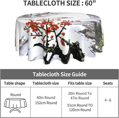Chinese Landscape Tablecloth, Traditioanal Cherry Blossom Japanese Oriental Vintage Eastern Water Resisitant Wipeable Table Cover for Dining Kitchen Living Room Home Party Holiday Decor 60 inch Round