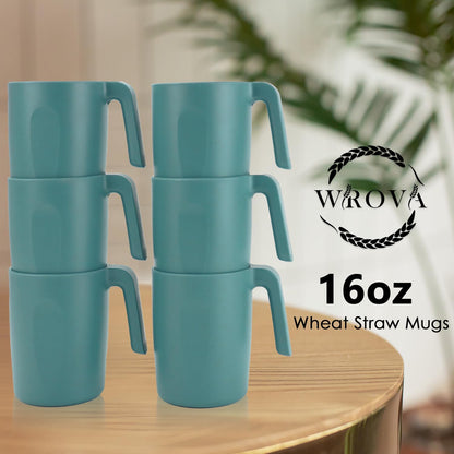 Wrova 16oz Wheat Straw Cups with handles set of 6-Plastic Cups Reusable-Unbreakable Kids Mugs-Dishwasher Safe & Microwave Safe-Ideal Plastic Mugs for Tea,Coffee,Camping,RV-Green
