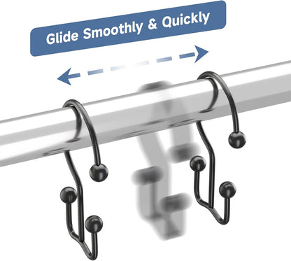 Titanker Shower Curtain Hooks Black, Minimalist Simple Double Glide Shower Curtain Rings, Rust Proof Metal Shower Hooks Rings for Bathroom Shower Rods Curtains, Set of 12 Hooks