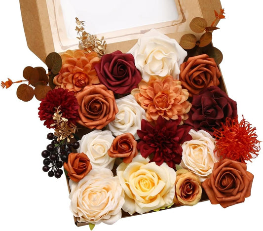 Artificial Flowers Combo Box for DIY Wedding Bouquet Arrangement, Silk Faux Flower for Bridal Table Centerpieces Party Cake Baby Shower（Orange & Burgundy）