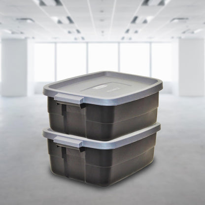 Rubbermaid 6-Pack Totes for Storage with Lids, Heavy Duty Plastic Storage Bins with Lids, Black Gray, 10 GAL - Stackable for Garage, Attic, Camping (10 GAL - 6 Pack Solid Black and Grey)