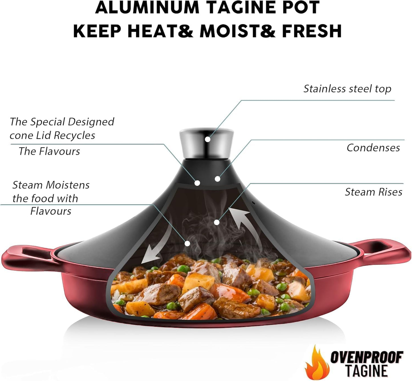 Non-Stick Frying Pan/Skillet 11", 3QT Tagine Pan,Cast Aluminum Pans with Lid, Stove/Oven-to-Table Cookware, Dishwasher Safe& Compatible with All Stovetops（Black Red）