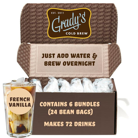 GRADY’S COLD BREW, French Vanilla, 100% Arabica Ground Coffee & Chicory Pouches | SIX Bundles of 4 Easy-to-Brew Bean Bags, Makes 72 drinks