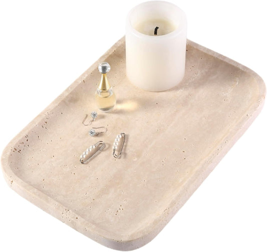 Marble Vanity Tray for Dresser Organizer, Travertine Bathroom Tray Countertop, Beige Decorative Serving Trays, Kitchen Sink Storage, Jewelry & Perfume Holder(Travertino Romano)