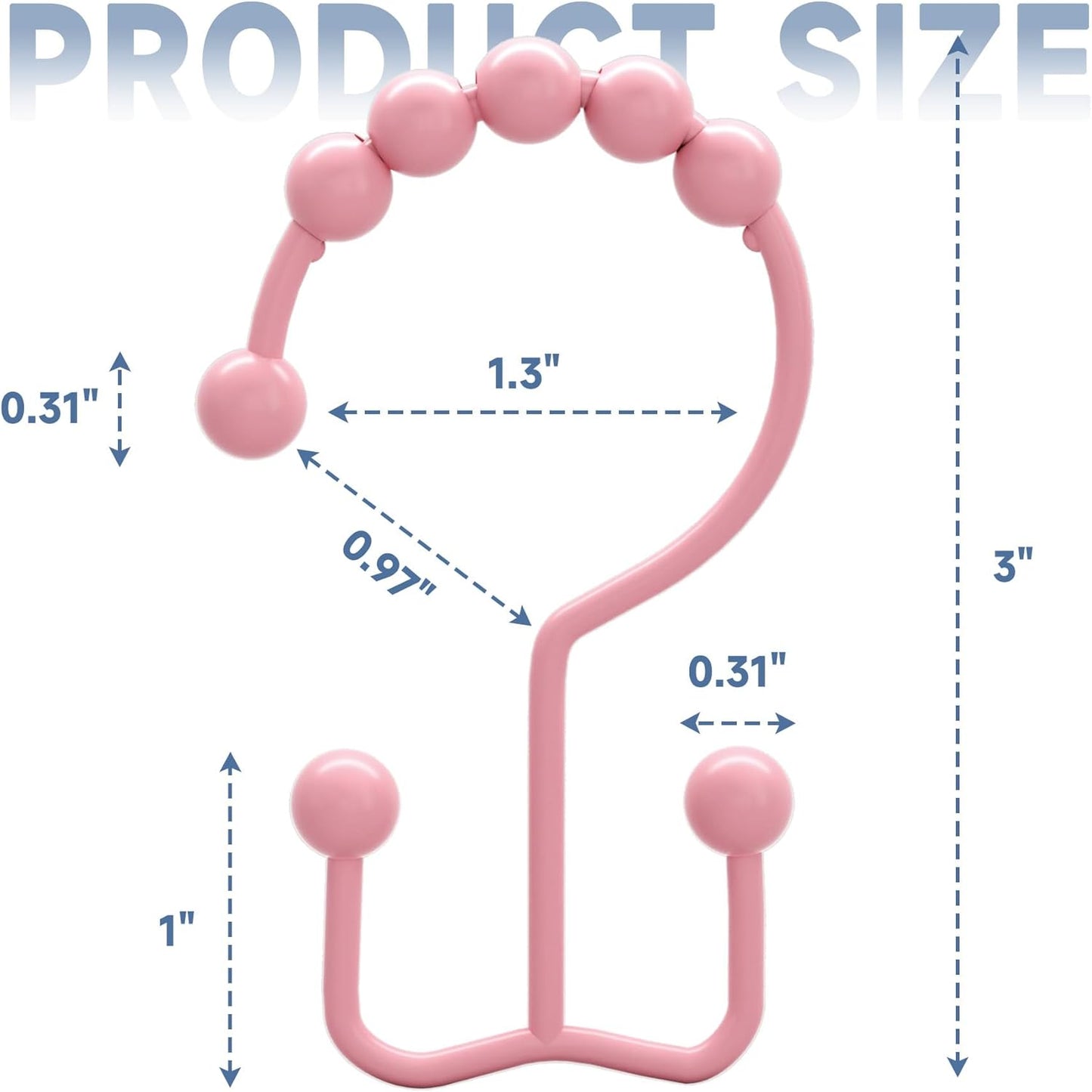 Titanker Shower Curtain Hooks Rings, Rust-Resistant Metal Double Glide Shower Hooks for Bathroom Shower Rods Curtains, Set of 12 Hooks - Light Pink