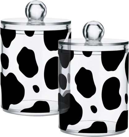 xigua Cow Print Qtip Holder with Lid,2Pack Clear Plastic Apothecary Jars Bathroom Storage Containers for Cotton Swab,Cotton Ball,Floss Picks,Tea,Coffee