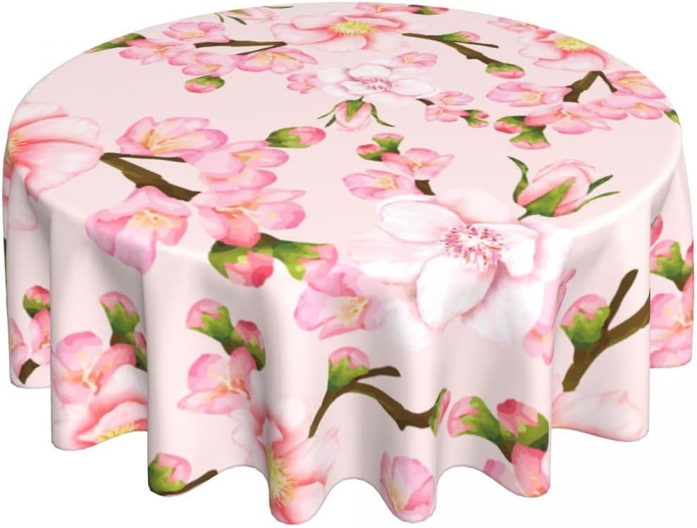 Japanese Tablecloth, Navy Blue Koi Traditional Cherry Blossom Vintage Floral Oriental Water Resisitant Wipeable Table Cover for Dining Kitchen Living Room Home Party Holiday Decor 60 inch Round