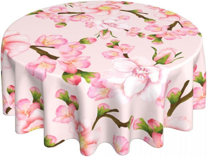 Japanese Tablecloth, Navy Blue Koi Traditional Cherry Blossom Vintage Floral Oriental Water Resisitant Wipeable Table Cover for Dining Kitchen Living Room Home Party Holiday Decor 60 inch Round