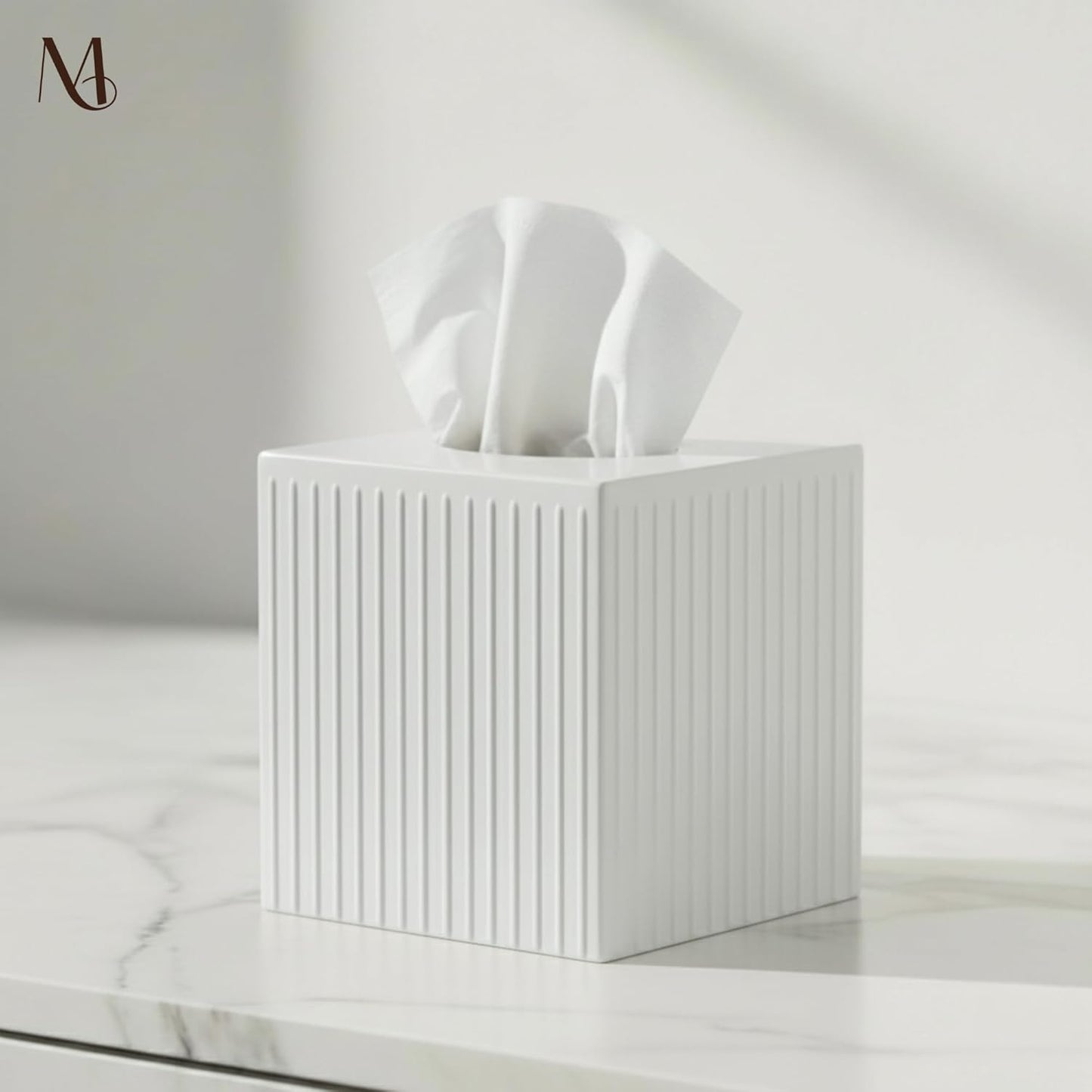 Monarch Abode Tissue Box Cover Square – Handcrafted Ridge Embossed White Metal Tissue Holder Box for Bathroom Accessory, Aesthetic Decorative Facial Napkin Cube for Modern Home Decor