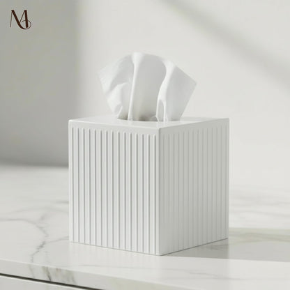Monarch Abode Tissue Box Cover Square – Handcrafted Ridge Embossed White Metal Tissue Holder Box for Bathroom Accessory, Aesthetic Decorative Facial Napkin Cube for Modern Home Decor