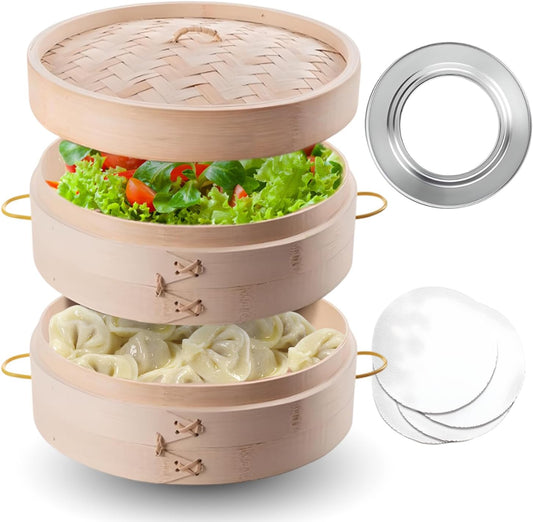 10 Inch Bamboo Steamer – 2 Tier Wooden Basket with Lid, Ring Adapter & Reusable Liners – Dumpling, Bao Bun, Dim Sum & Vegetable Steamer for Healthy Asian Cooking