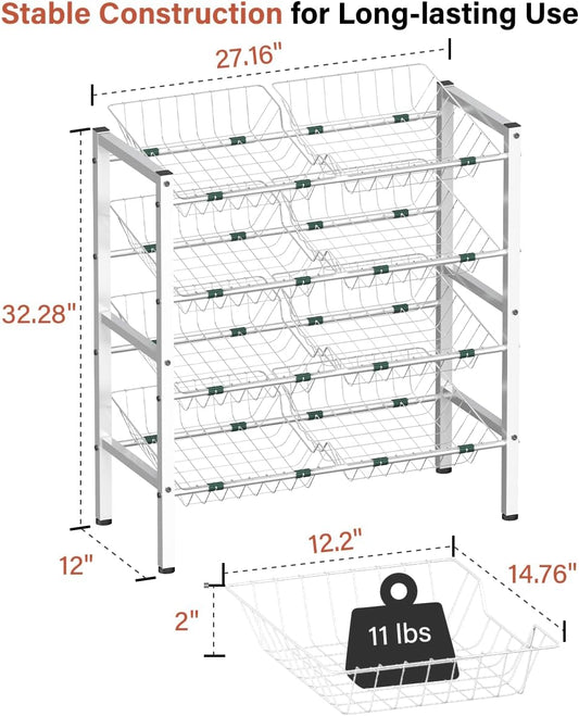 4-Tier Kitchen Storage Rack, Metal Pantry Storage Stand, Fruit Basket Stand with 8 Fruit Vegetable Baskets, Freestanding Snack Organizer Shelf Unit for Living Room, Office, Apartment, White