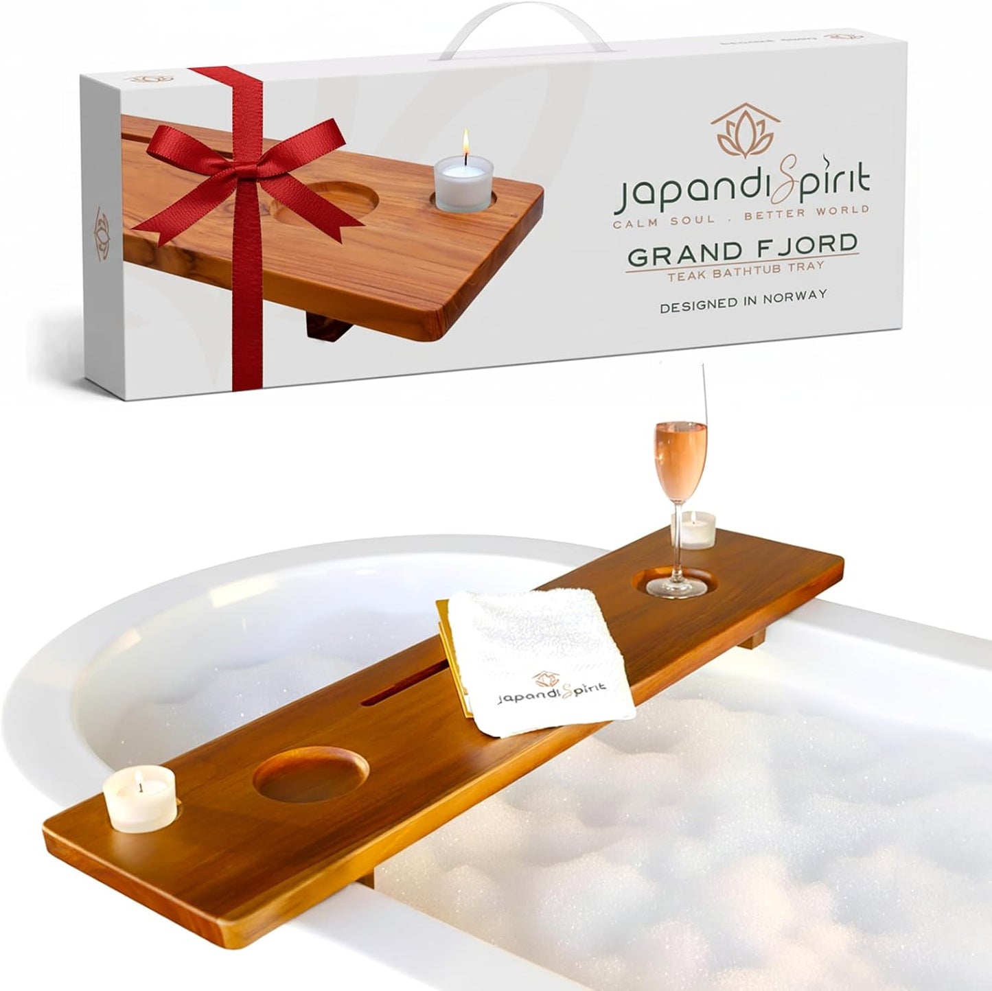 Grand Fjord | Teak Bathtub Tray for Large Soaking Tub | Extra Long 35” Luxury Bath Caddy for Freestanding Tubs | Minimalist Wooden Tub Tray with Candle Holders & Premium Towel by JapandiSpirit
