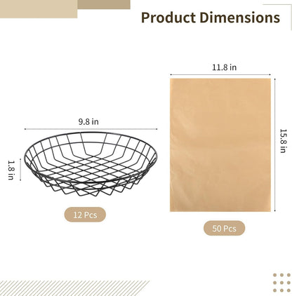 12 PCS Food Serving Wire Baskets, 9.8 x 9.8 x 1.8 Inch Wire Bread Baskets with 50 Sheets Deli Wrapper, Metal Snack Basket with Oil-Absorbing Paper for Restaurant Party