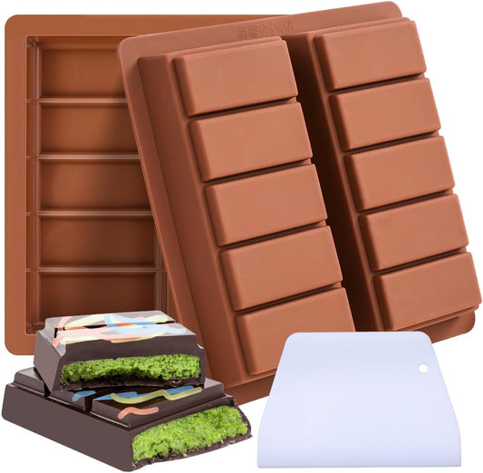 FUNBAKY Dubai Silicone Chocolate Bar Mold - 1-Inch Deep Cavities, Large Thick Candy Bar Mold, Ideal for Filling Pistachio Chocolate, Includes Scraper, 2 Pack