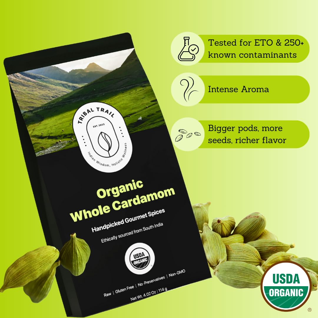Tribal Trail Organic Green Cardamom Pods (8 mm Bold) | 4.02 oz | USDA Organic & Non-GMO | Ethically Sourced Spices from South India | Recyclable Kraft Bags | Best for Tea, Coffee & Baked Goods