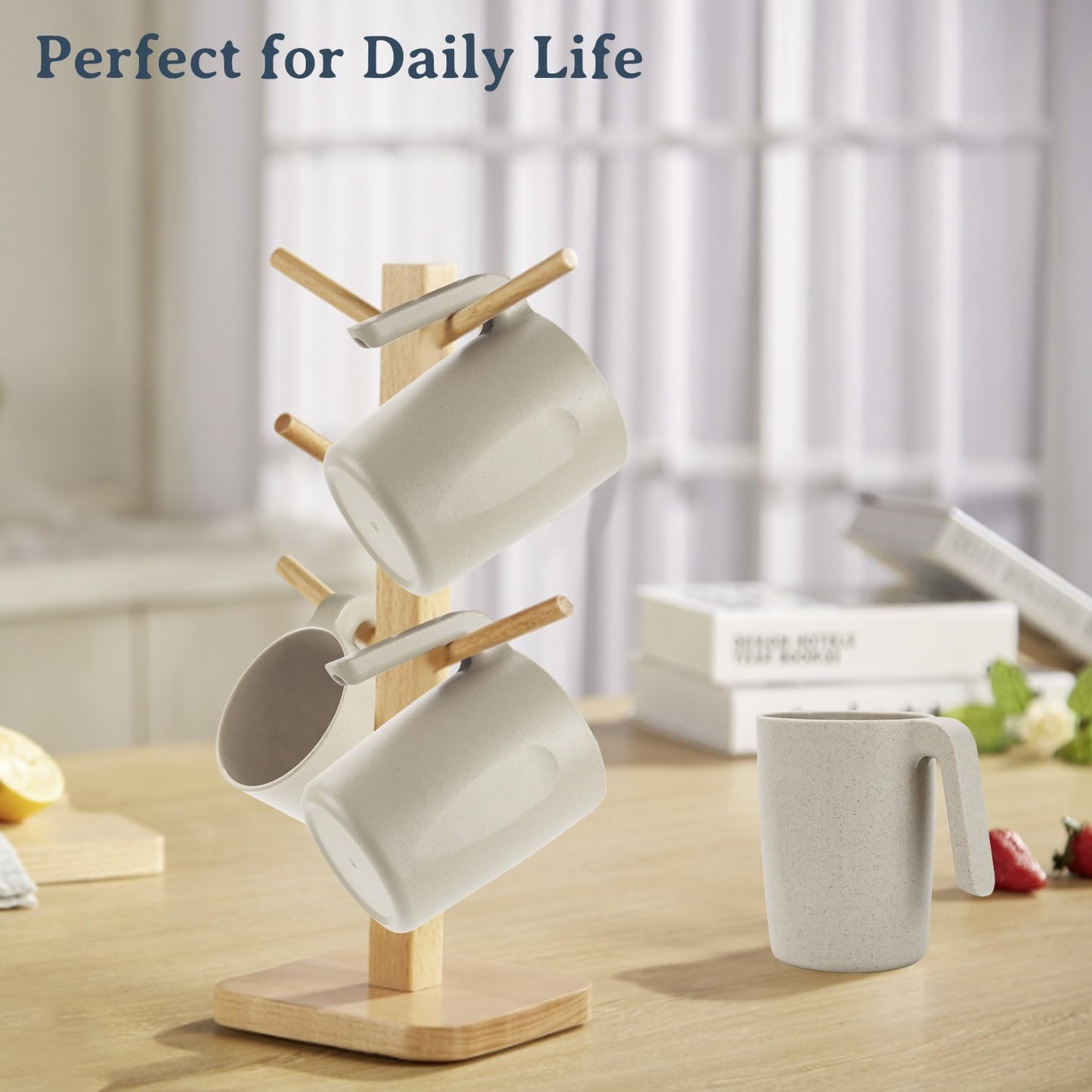 Wrova 16oz Wheat Straw Cups with handles set of 6-Plastic Cups Reusable-Unbreakable Kids Mugs-Dishwasher Safe & Microwave Safe-Ideal Plastic Mugs for Tea,Coffee,Camping,RV-Beige