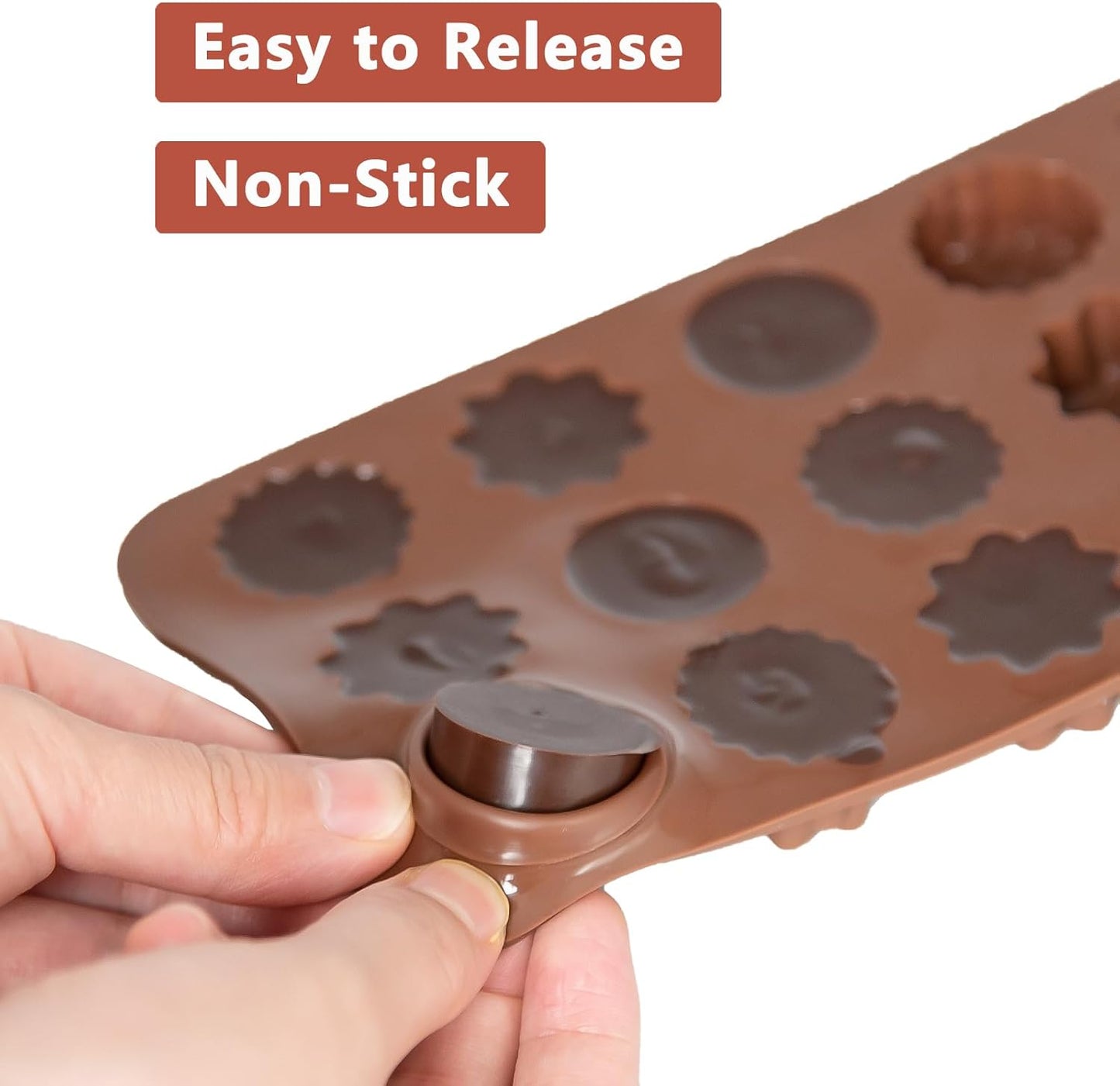 6 Pack Flower Shape Chocolate Candy Molds Silicone, Food-Grade Non-Stick Jello & Baking Molds, Crayon Molds, BPA-Free, Including Heart, Rose, Tulip, Daisy, Sunflower, and Other Flowers (Brown)