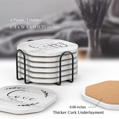 UMIRRO Rustic Farmhouse Coasters for Wooden Table, Modern Ceramic Coasters with Holder for Coffee Table Decor, Housewarming Gifts for New House/Home, Assorted Design, White, 4", 6 Pack