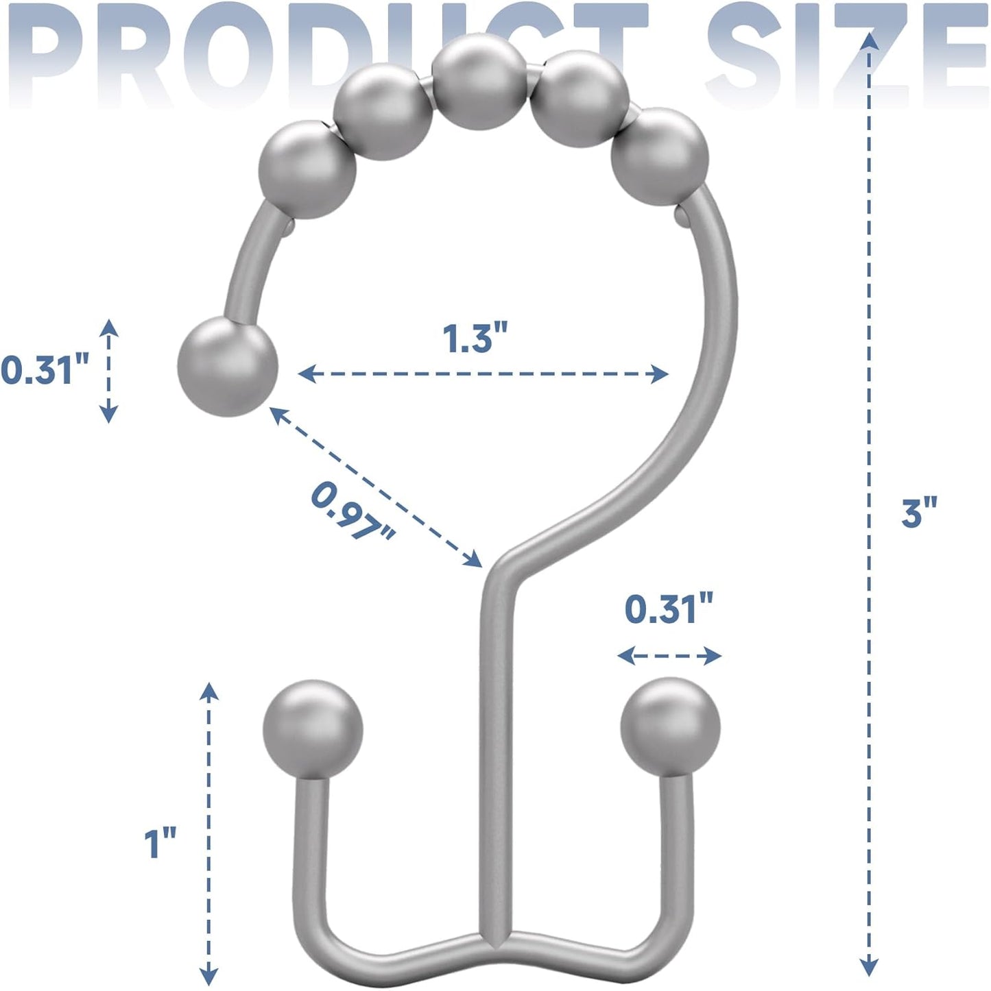 Titanker Shower Curtain Hooks Rings, Rust-Resistant Metal Double Glide Shower Hooks for Bathroom Shower Rods Curtains, Set of 12 Hooks - Space Silver