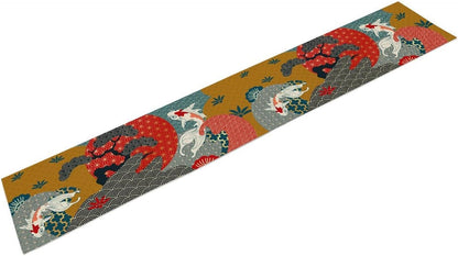 Japanese Koi Table Runner, Luxury Asian Style Oriental Line Art Abstract Geometry Cherry Blossoms Wave Traditional Elements Table Runner for Kitchen Home Party Dinner Set, 13x120 Inch