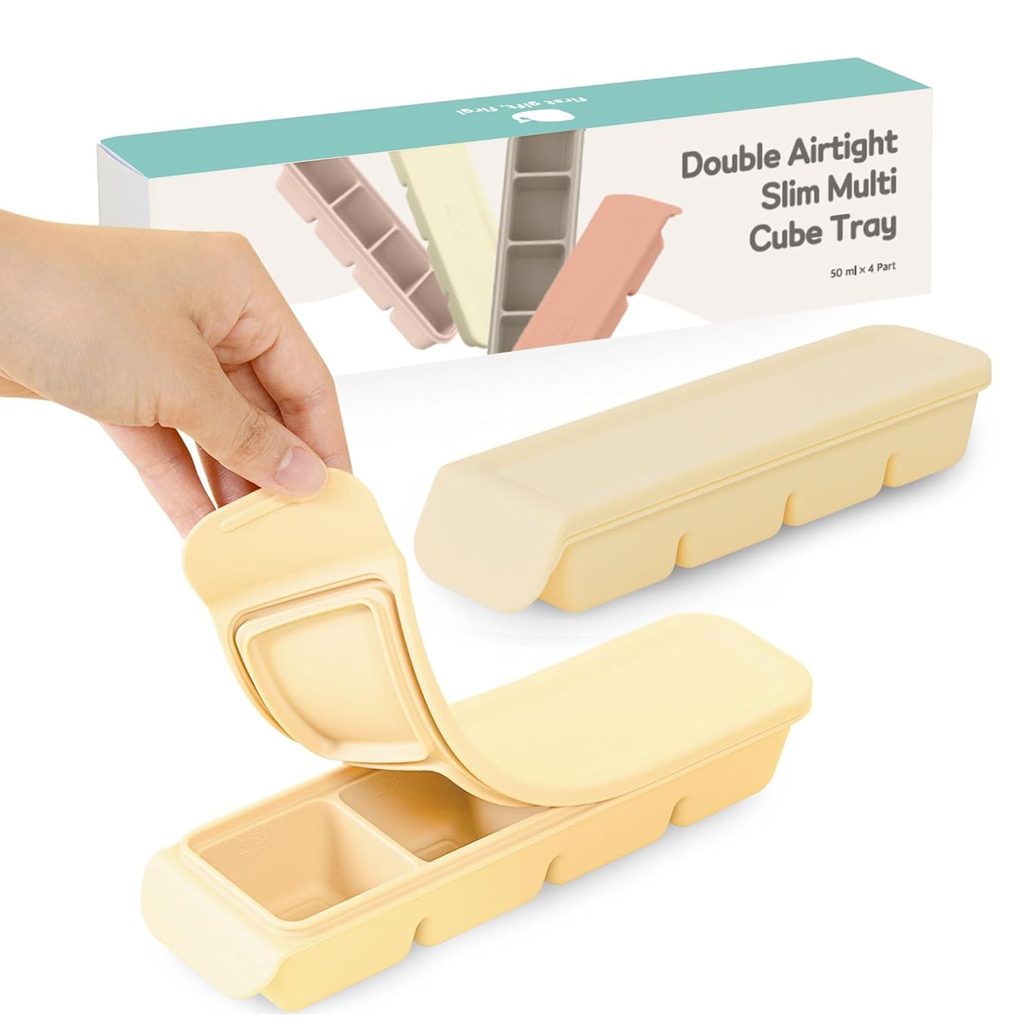 Silicone Ice Cube Freezer Tray with Lid, 100% Food-Grade Platinum Silicone,Leak Resistance & Dishwasher Safe for Baby Food Prep,Breast Milk,Purees - Korean Made (Beige 1.7 oz/4 Sections)