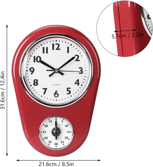 Tyenaza Retro Wall Clock, Vintage Kitchen Clocks, Hanging Clock Home Kitchen Timer Room Decoration Red for Indoor Living Room