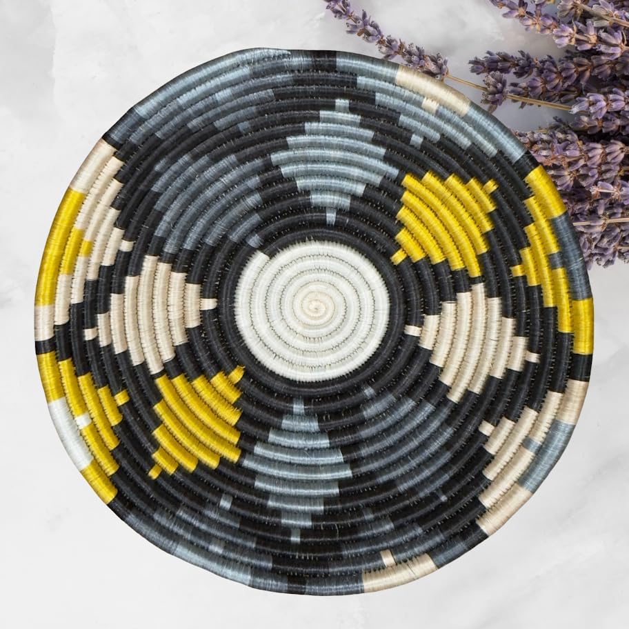 Handwoven African Basket Handmade sisal Fruit Bowl Wall Hanging decorative Baskets for Home Living Room Kitchen Centerpiece Zen Designs Arts and Crafts (Slate Grey Black Yellow, 8in diameter)