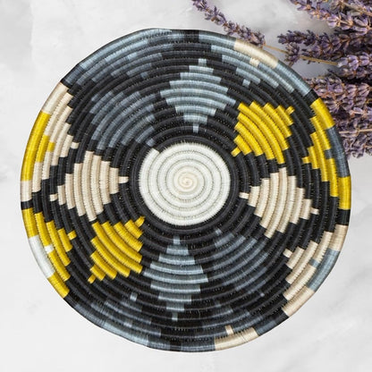 Handwoven African Basket Handmade sisal Fruit Bowl Wall Hanging decorative Baskets for Home Living Room Kitchen Centerpiece Zen Designs Arts and Crafts (Slate Grey Black Yellow, 10in diameter)
