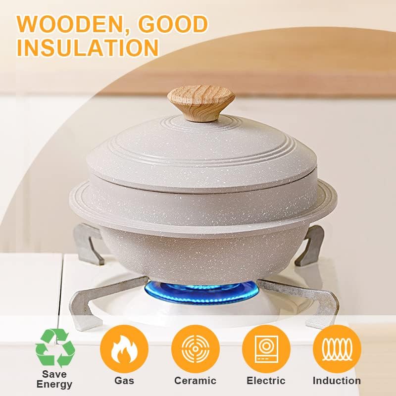 Korean Dutch Oven, Rice Pot, 7.9 in Enameled Cast Aluminum Pot with Lid, Korean Stone Bowl for Induction, White